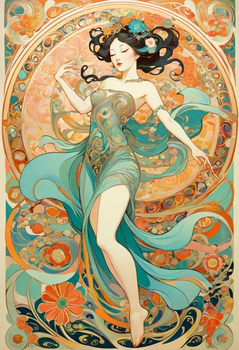  Hallucinatory, Tsuruta Ichiro Style Beauty Painting , Hypnotic Patterns , Abstract, Euphoric,  Fluid Shapes ,  jewelry, flower, spring,  flat illustration .  Negative Space in the Shape of a Dancing Womans Body .  Japanese Mythology Goddess, Mucha style, ...