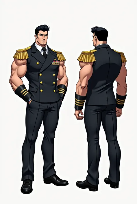 ((Masterpiece, Highest quality)), Detailed face, character design sheet， full bodyesbian, Full of details, frontal body view, back body view, Highly detailed, Depth, Many parts, Muscle boy with black hair，handsome man, navy, commander, man tall