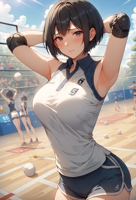 Anime-style character, source_anime, 1woman, Adult, mature woman, 24 year old, Cool anime girl, White Volleyball Ladies Vest (sleeveless), black elbow pads, Finger Band-Aid, Number 22 shirt, slim fit, grey racing shorts, anime girl with cute face, shy expr...