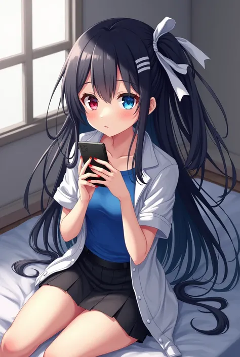 Anime girl blue and red eyes long black hair, with white hair clip, and white hair ribbon wearing unbuttoned white shirt and blue t-shirt underneath and wearing a black skirt sitting on the bed and holding a phone
