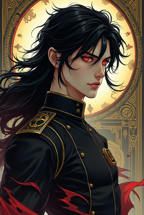 Long black hair, red eyes, tarot background, young man, manga style, porcelain skin, guard outfit, flat face, half body view, not skinny
