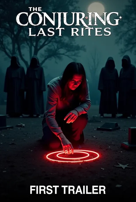 Here is the detailed description of the poster for The Conjuring 4: Last Rites (2025):
The main image of the trailer focuses on a woman (possibly a main character) kneeling on the ground in a cemetery. She is touching a symbol or a circle made of glowing r...