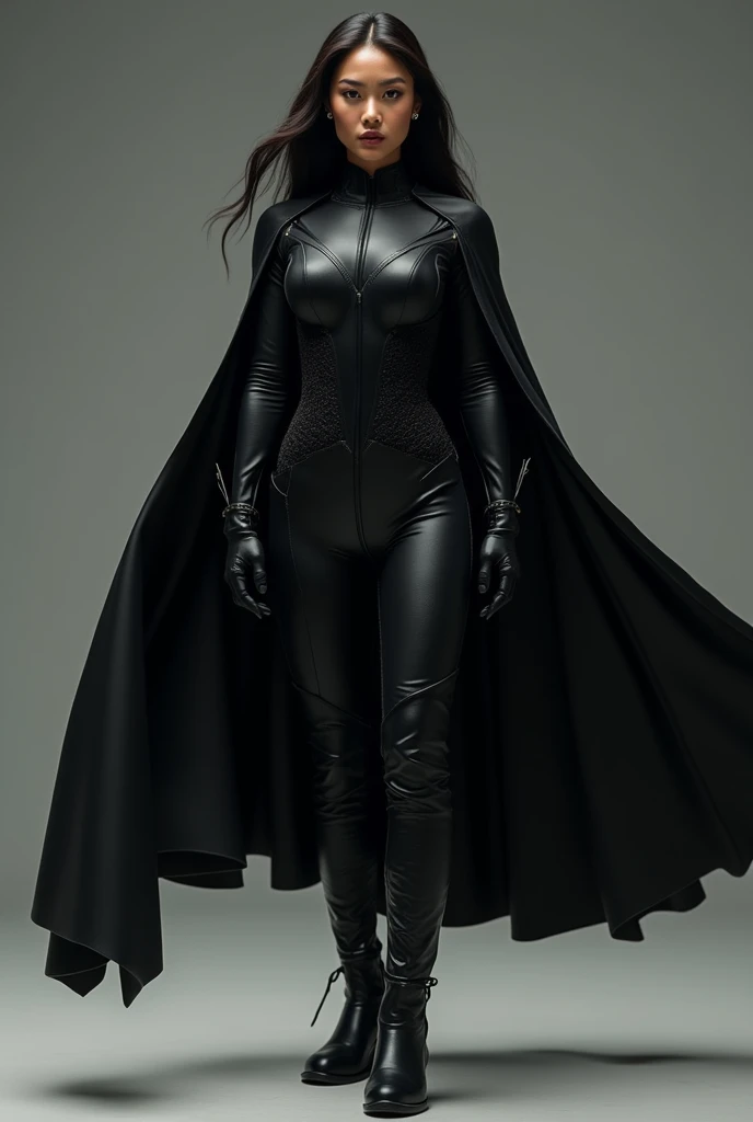 high quality, 4k, superhero woman, black attire no tight, with cape, malaysian, with malay,india,chinese,sabah, sarawak face combine, model pose, versatile look, full body with boots