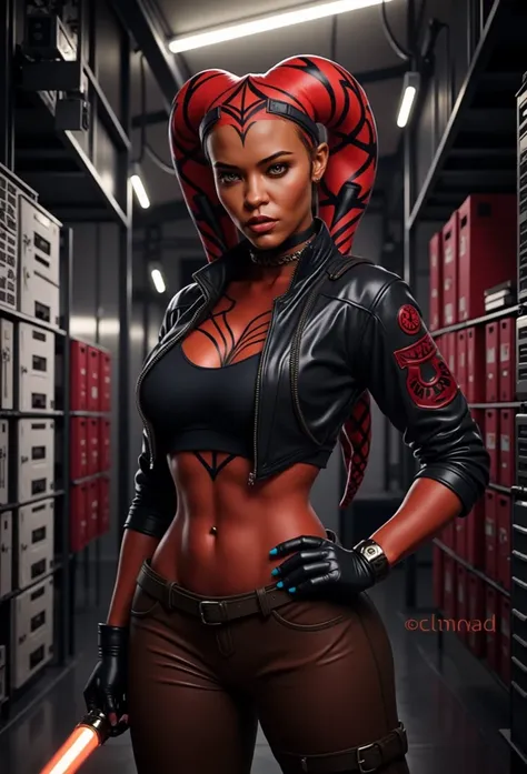 A female Twilek Sith, with orange skin, wearing tight black leather clothing and a dress, wielding a red lightsaber, dark fantasy sci-fi style photo