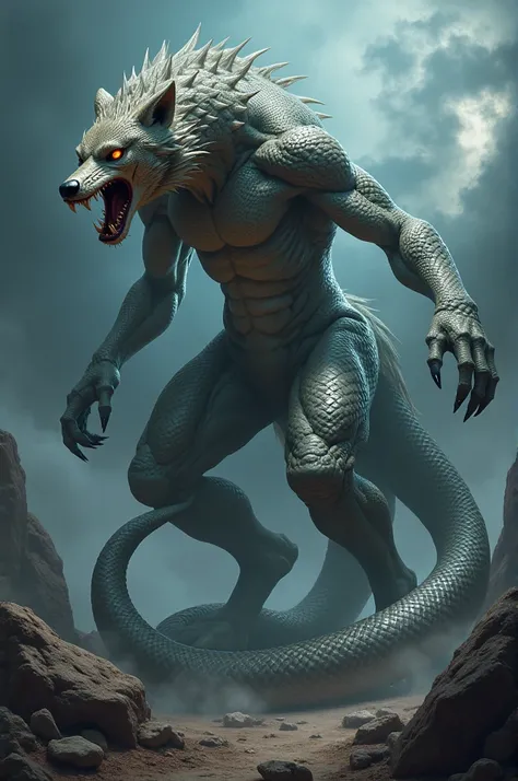 Create an image of a monstrous hybrid creature that seamlessly blends features of a snake and a wolf. The body should be serpentine with scales running along its length, but it should also possess the muscular, fur-covered torso and head of a wolf, with gl...