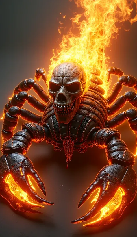 "Create a monstrous and fear-inducing hybrid of a Scorpion and Ghost Rider. The creature should have the massive, armored body of a scorpion, with its exoskeleton charred black and glowing cracks of molten orange, as if forged in hellfire. The head must be...