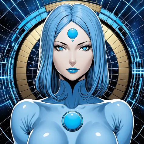 Top quality, full body, Create a female version of Doctor Manhattan from Watchmen, retaining key features such as [specific attributes like hair color, hairstyle, eye color, distinctive clothing or accessories]. The female version should have a more femini...