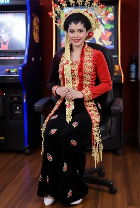  Indonesian-asian girl Traditional Asian Javanes Dress Long Sleeves Hiitam Color. black long skirt.  sitting on game chair . white shoes. cross legs .  Full room background with LED light . Detailed finger finger .  Very detailed hand.  Rough color CCTV fo...