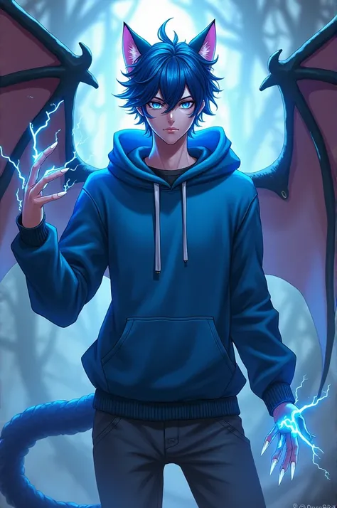 Fanarts male character blue hair eyes and blue hoodie cat ears through how many eyes four arms the wing bat lightning cat 