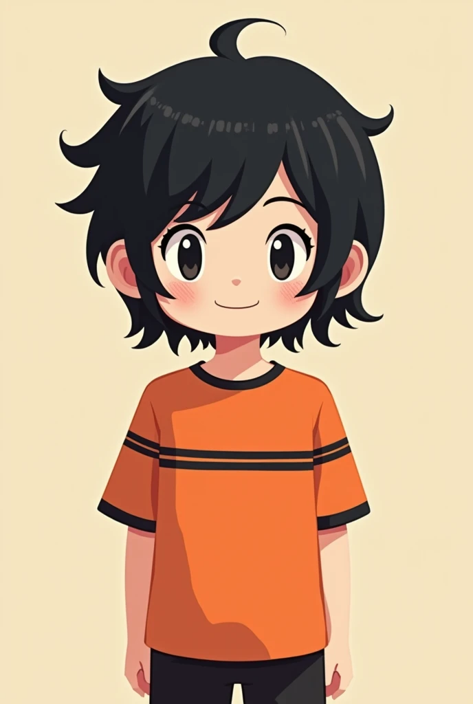 A girl with the black short pixie hair and small eyes, chineses looking, in a full-legth black stripes all around the orange t-shirt, whole body including legs are shown in the graphic. charachter size is like the super mario 2d pixel style. less than thre...