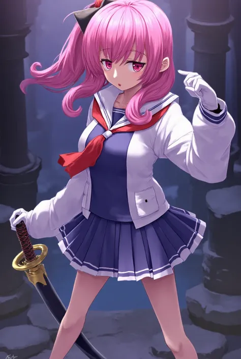 anime girl with pink hair and a sword in her hand, with sailor uniform and blue mini skirt, gapmoe yandere, made with anime painter studio, yandere, katana zero video game character, stylized anime, demon girl, anime stylized, cushart krenz, anime style ch...