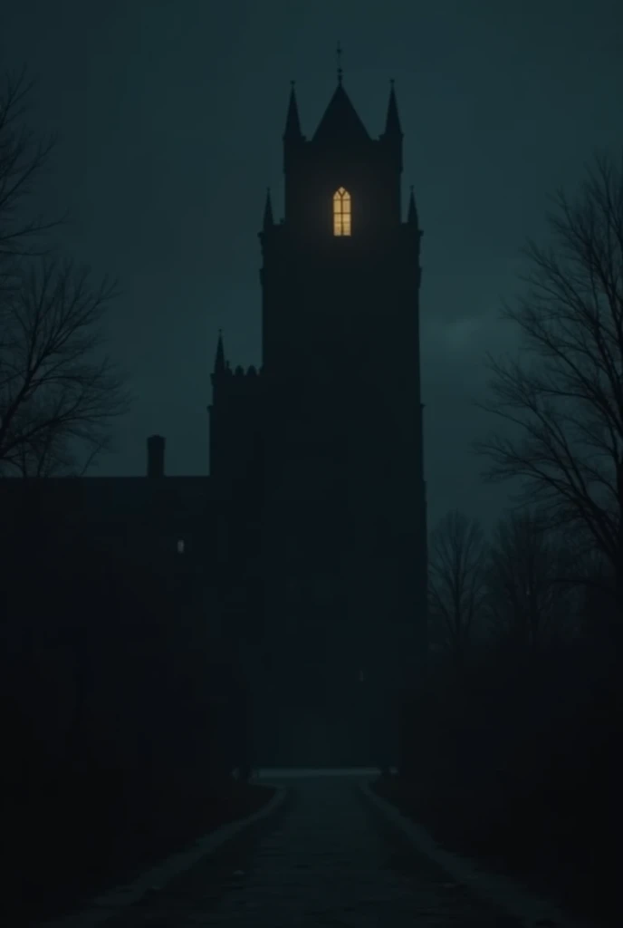 Prompt for Scene 5: "Wide shot of a dark, imposing building at night. A single high window flickers faintly with light, casting eerie shadows on the surrounding area. The building feels foreboding and mysterious."--ar16:9