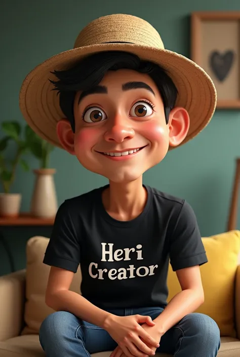 4d caricature of a 25-year-old indonesian man, wearing peci / hat.  and wearing a black t-shirt with the inscription Heri creator , sitting at home ,  with his face facing the front , 