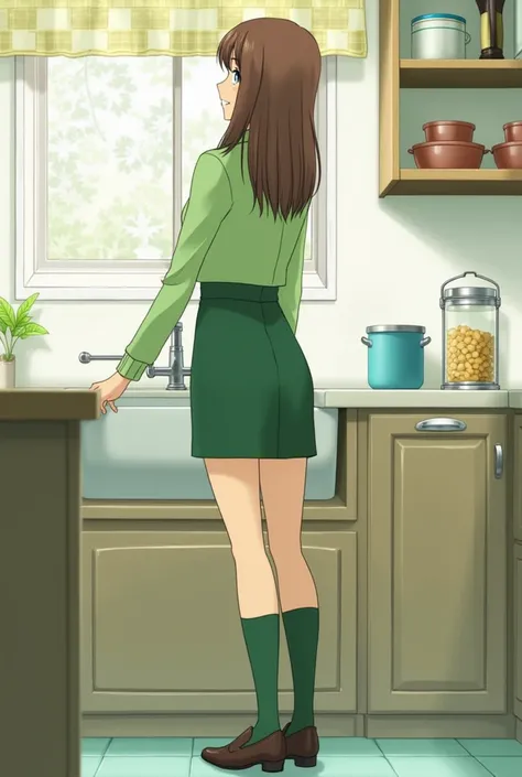 {{{mouri ran}}},{{{Detective Conan}}},{{{long hair}}},{{{official style}}},{{{adult}}},green dress,one-piece dress,turtleneck,green mini tightskirt, {light green cropped short jacket},green socks,brown leather loafers,sink,laundry,kitchen,bringing upper bo...