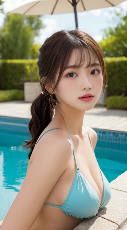  top quality, shape,  very detailed, finely,  high definition , 8k wallpaper, worlds most beautiful woman,  straight hair、 gal makeup、bikini、baby face、Pool、 low ponytail、Floral