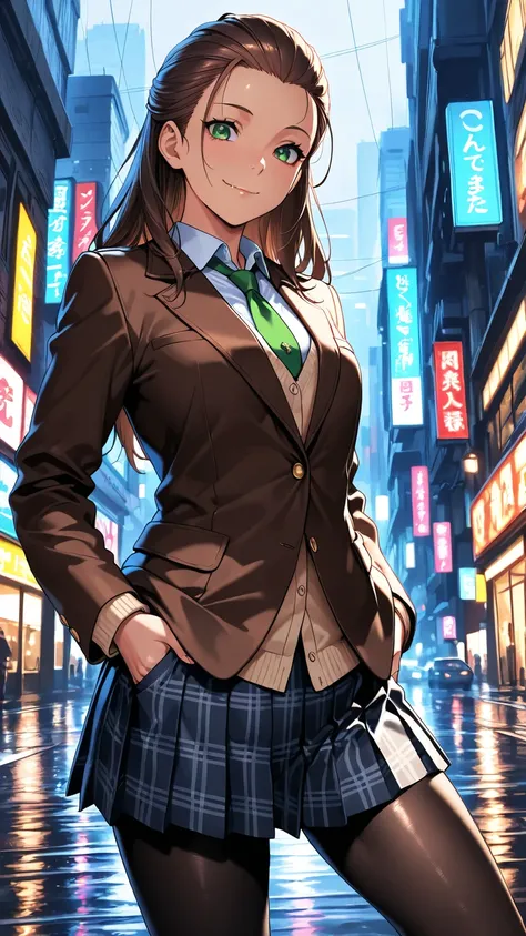 masterpiece, best quality, very aesthetic, photo realistic anime, Sharp Focus, high contrast, 1girl, detailed green eyes, half opened mouth, smile, dark brown silky hair, hair pulled back, contrapposto, Captivating thighs, uniform, brown blazers, (hads in ...