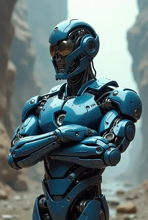  Robot ,Cyborg,Future world, Robot ชาย, stands, hugs the chest, facing the side, Ironman style head,Open ,Blue Rambokini Style
