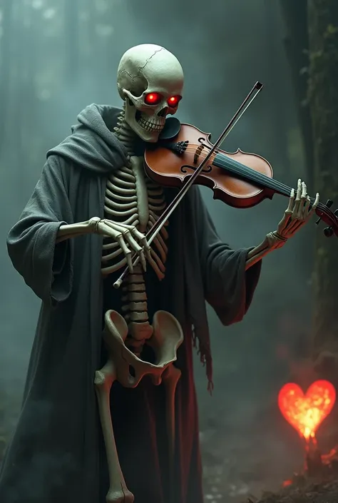 A skeleton blows a violin Symphony made of bones, with glowing red eyes. Flying heart