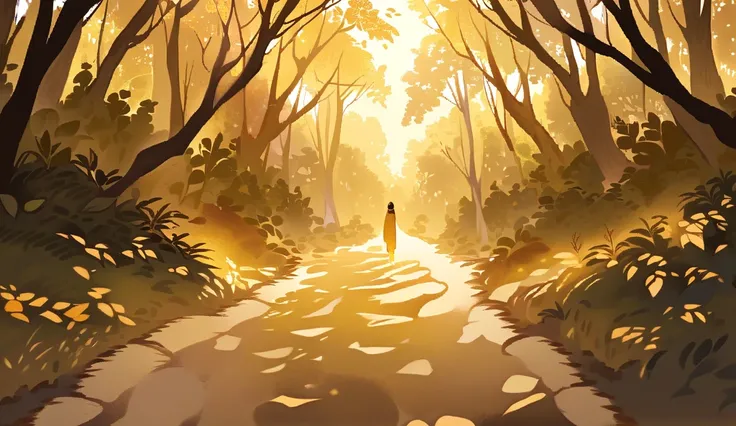 GIRL walk on a beach or forest path, leaving deep footprints with each step that symbolizes their journey.
A new landscape unfolds, bathed in the golden light of dawn, showing the freshness of change."
