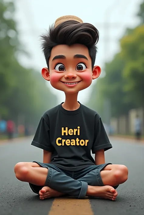 4d caricature of a 25-year-old indonesian man, neat pzndek hair, wearing peci / hat.  and wearing a black t-shirt with the inscription Heri creator , sitting 
pulled over on the road with his face facing the front, 