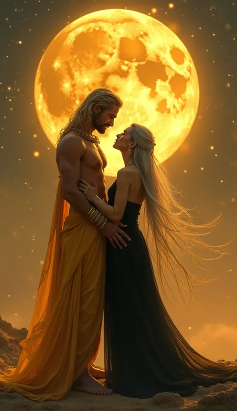   Make an image of love between the Moon Goddess and the Sun God , The Sun God must be a 20-year-old ,  his skin must be tanned with long golden blonde hair and beautiful yellow tunic , your eyes must be golden ,  in front of her there must be a woman who ...