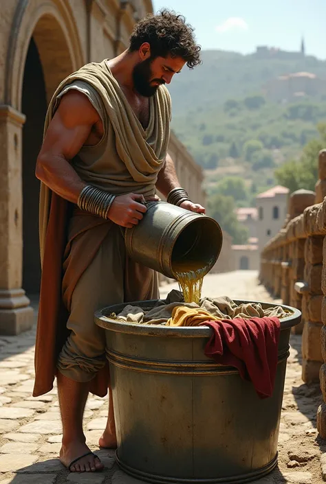 Generate image of beautiful ancient Roman laundry house and a man pouring a bucket of what looks like a urine into the clothes inside a bucket 