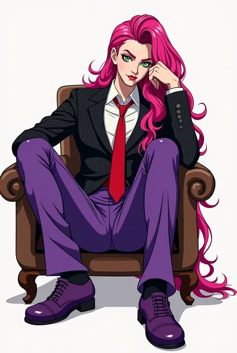 diavolo, purple pants, purple shoes, pink hair, long hair, green eyes, suit and tie, pinstripe suit, black suit, red tie, cowboy shot, sitting vector 2D style