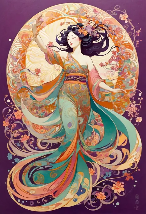  Hallucinatory, Tsuruta Ichiro Style Beauty Painting , Hypnotic Patterns , Abstract, Euphoric,  Fluid Shapes ,  jewelry, flower, spring, plum,  flat illustration .  Negative Space in the Shape of a Dancing Womans Body .  Japanese Mythology Goddess, Mucha s...