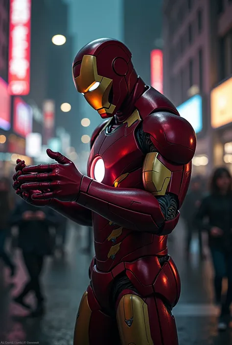 Iron man looking his hands fearly at street night. Strangers running scarly