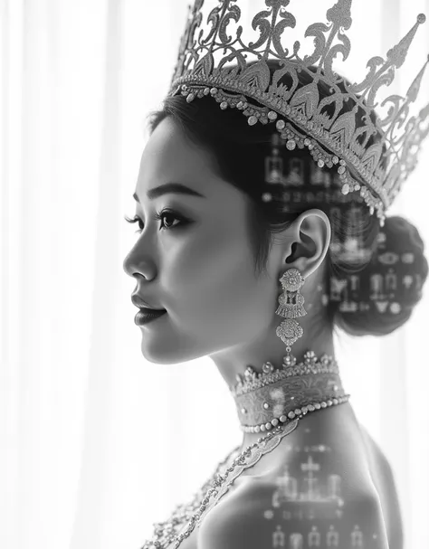 An exquisite black-and-white
double-exposure photograph featuring a
stunning young woman in traditional
Thai dress, adorned with an intricately
designed crown. Bold, translucent
typography overlays the left side of her
face, displaying the phrase WELCOME T...