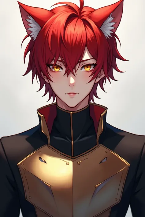 Redhead, cat-eared male, golden eyed tsundere, chest plate, long neckline