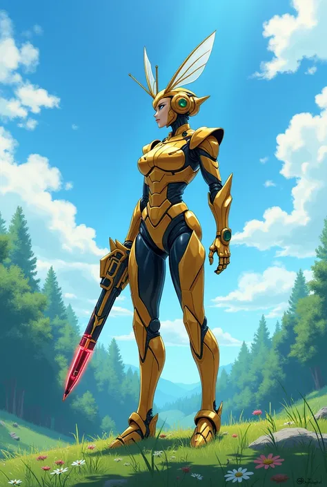 Create a 4K-quality illustration in the style of 2020s official anime art, capturing a serene yet commanding scene of a humanoid hornet queen robot standing atop a grassy hill under a bright blue sky. The queen’s body is predominantly metallic gold, polish...