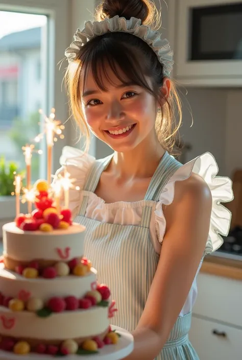 ultra-realistic, photorealistic, dramatic scene, shadow, global-illumination, solo, (20 years old Japanese famous idol girl:1.5), very beautiful fragile Japanese girl, very beautiful with very cute face, (modern maid, detailed face skin texture, cowboy sho...