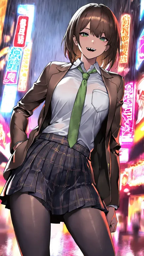 masterpiece, best quality, very aesthetic, photo realistic anime, Sharp Focus, high contrast, 1girl, detailed green eyes, half opened mouth, smile, dark brown silky hair, contrapposto, Captivating thighs, uniform, brown blazers, (hads in pocket, unbutton),...