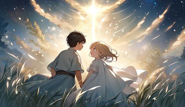 boy and girl look up at the stars or stand in an open field, with hopes and dreams shining in their eyes.
Together, we walk the path of hope, surrounded by nature’s beauty, with sunlight guiding our way."
