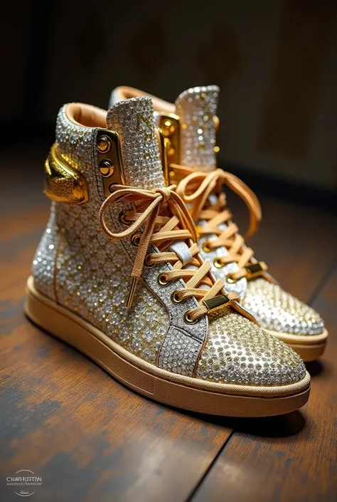 Louis Vuitton sneakers made up of Fully diamond and gold  for female show me 2 pairs 