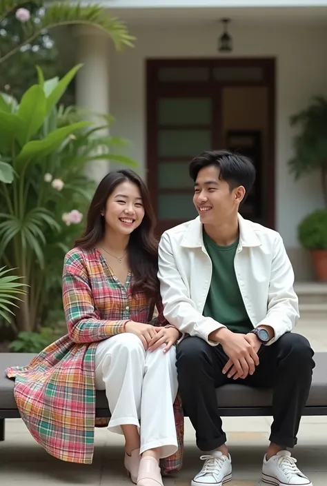 Beautiful Indonesian girl of twenty years old wearing a long plaid shirt of mixed color and trousers of white color sits on a long chair with a handsome Indonesian man of twenty years old wearing a white jacket of green t-shirt and black trousers her face ...