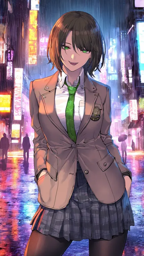 masterpiece, best quality, very aesthetic, photo realistic anime, Sharp Focus, high contrast, 1girl, detailed green eyes, half opened mouth, smile, dark brown silky hair, contrapposto, Captivating thighs, uniform, brown blazers, (hads in pocket, unbutton),...