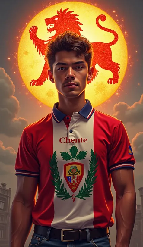  A 25-year-old man standing with the polo of Peru , And that at the pole say chente  ,  behind him is the Leo sign of his zodiac sign.