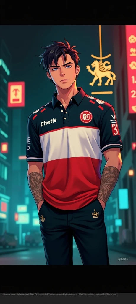  at the polo shirt A 20-year-old man standing in the Peruvian cyberpunk anime style polo, Let me say chente  ,  behind him is the Leo sign of his zodiac sign.