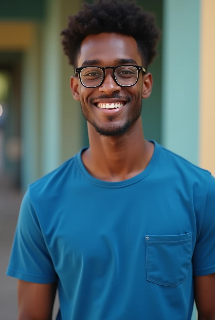 A guy somali who age 20 wearing  glasses  and t- shirt  blues  with edit