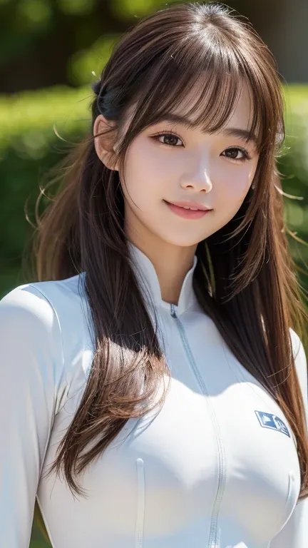 Two girls standing in the fall schoolyard , long-sleeved white latex unitards and white compression long pants, red tie,18 years old,bangs,Smile a little, low ponytail 、face-closeup、
Huge 、  long brown hair 、Sparkling,  oily skin 、 Glowing Skin、 white skin...