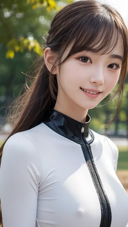 Two girls standing in the fall schoolyard , long-sleeved white latex unitards and white compression long pants, red tie,18 years old,bangs,Smile a little, low ponytail 、face-closeup、
Huge 、  long brown hair 、Sparkling,  oily skin 、 Glowing Skin、 white skin...