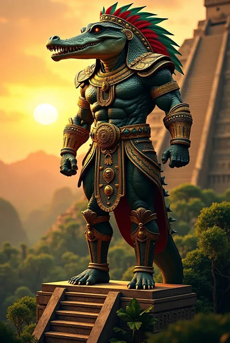 The king of Mexico, with a tall, muscular human physique clad in detailed Aztec royal armor, crafted from gold, jade, and obsidian, adorned with feathers in rich green and crimson hues. The head is a powerful crocodile, with lifelike, rugged scales reflect...