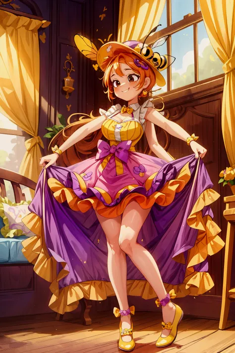 (masterpiece, best quality) standing, indoor, intricate detail, sunlight, yellow and purple frilly dress, purple and yellow shoes, orange hair, cute bee hat, brown dark eyes, smiley face, sexy pose, coquette, gorgeous legs, mature teenager body, lovely, go...