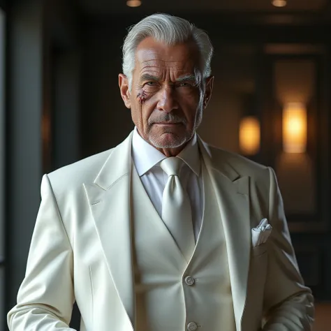 A distinguished elderly man of 60 wearing a pristine, elegant white suit with a perfectly tailored fit. His appearance exudes a commanding presence, a reflection of his past as a seasoned warrior now retired. Half of his face is scarred and burned, the ski...