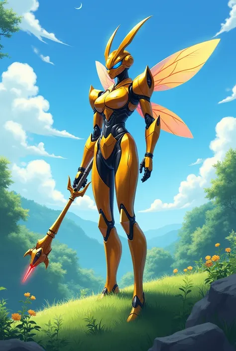 Create a 4K-quality illustration in the style of 2020s official anime art, capturing a serene yet commanding scene of a humanoid hornet queen robot standing atop a grassy hill under a bright blue sky. The queen’s body is predominantly metallic gold, polish...