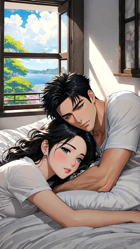 Realistic Anime style 1 handsome guy,black hair semi messy,wearing white tshirt sexy eyes looking at her sleeping wife beside him on bed, whole bedroom view shot , kingsize bed with window background