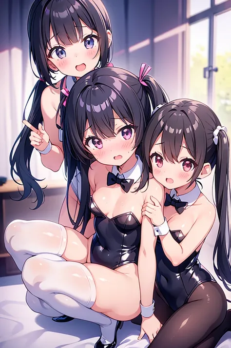 cute, 3 girls, , 6th elementary school students, black hair, twin tails, Black Playboy Bunny, white knee-high socks, small bust, Embarrassed, blush, (((shiny skin)))