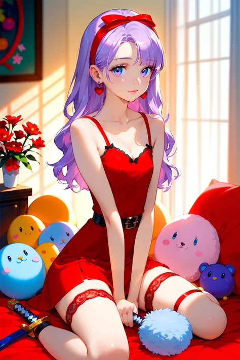 Young girl, long lilac hair, red flower on her head, lilac eyes, beautiful appearance, red short satin dress. There is a red wedding garter on her right hip. rens room with toys, a katana with a red hilt lies next to it. Top view. Sitting on a bed with her...
